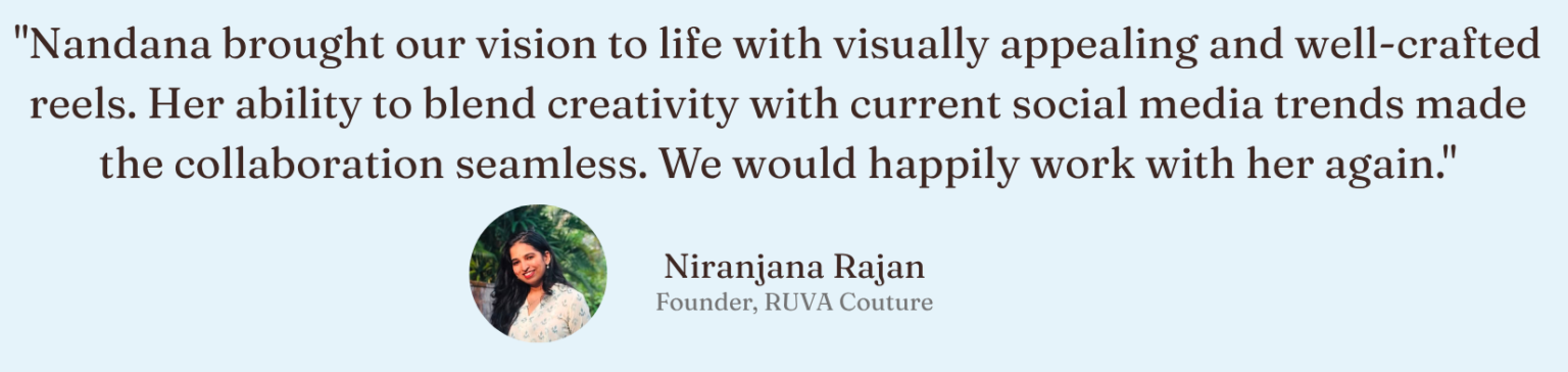 Client testimonial from the founder of RUVA Couture about the freelance digital marketing strategist in Ernakulam.