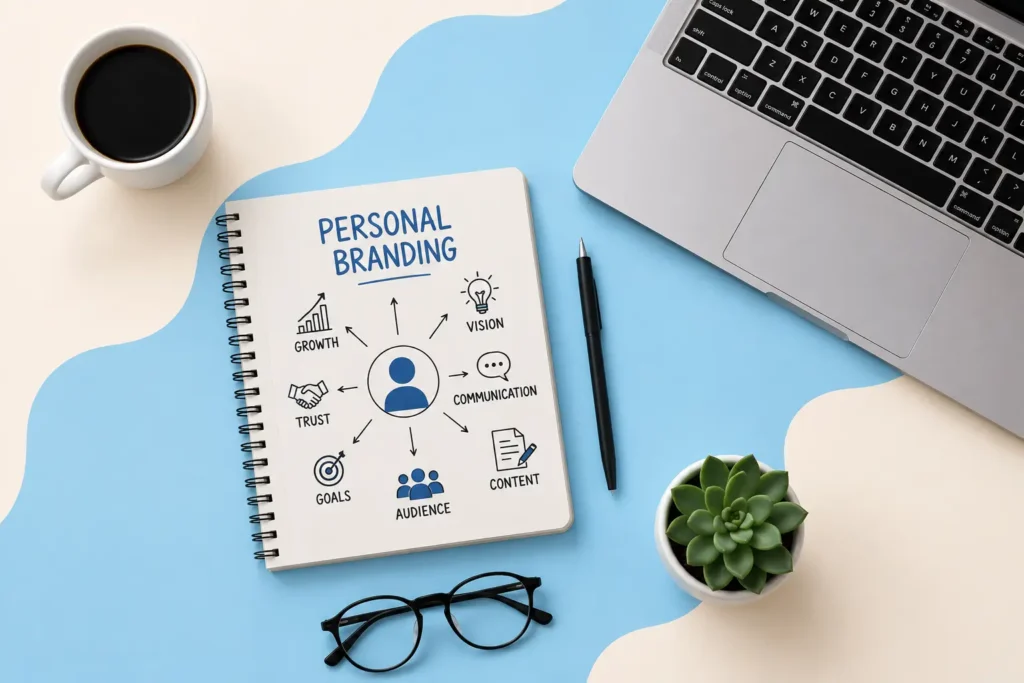 Notebook with personal branding strategy beside a laptop and coffee representing insights from a freelance digital marketing strategist in Ernakulam.