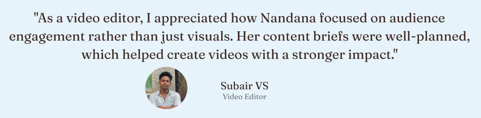 Client testimonial from a video editor recommending the digital marketing analyst in Ernakulam.