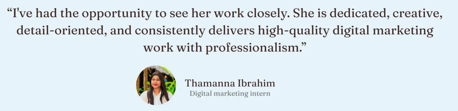 Client testimonial from a digital marketing intern about the freelance digital marketing strategist in Ernakulam.